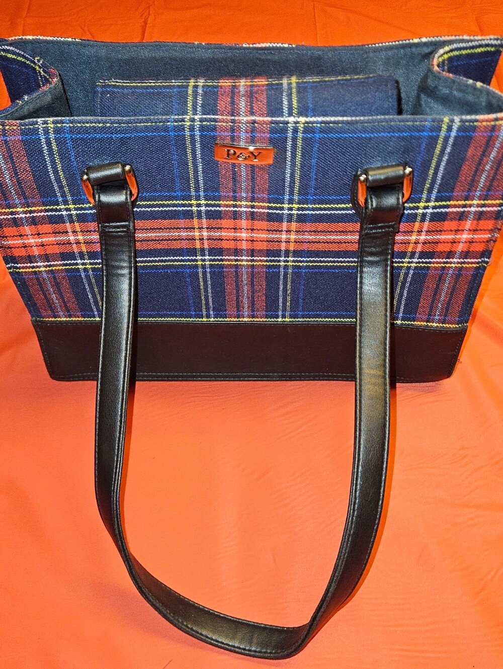 Preston & York Tartan Plaid Tote Navy w/Red, Yellow, White &/Black Trim E.U.C.
